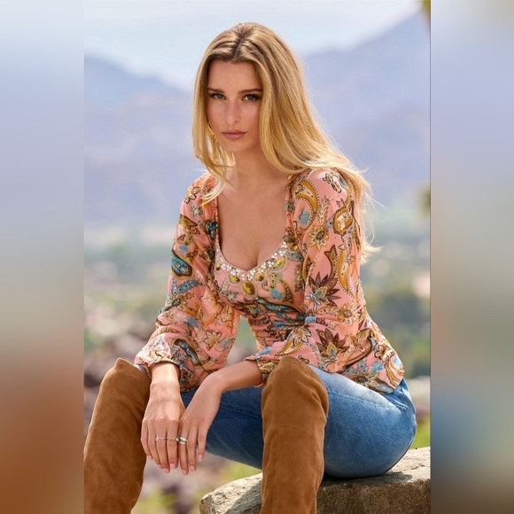 Paisley Mesh Embellished Ruched Top Pink Multi - Picture 1 of 6